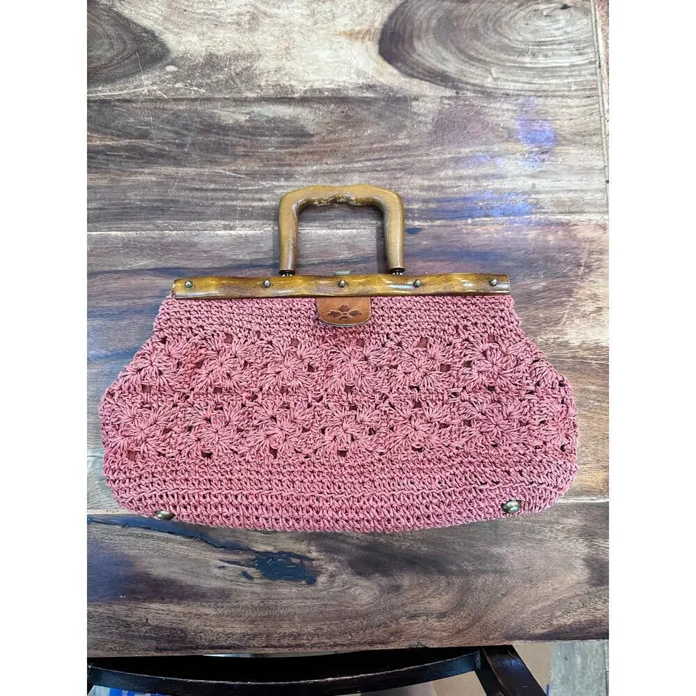 Patricia Nash Carmen Salmon Crochet Wood Leather Shoulder Chain Satchel Handbag - Picture 2 of 7